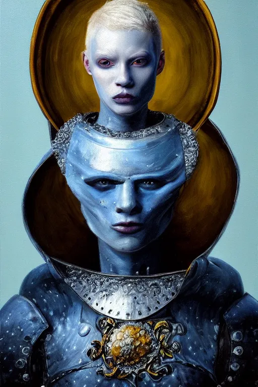 Image similar to hyperrealism oil painting, close - up portrait of albino medieval fashion model, knight, steel gradient mixed with nebula sky, in style of baroque