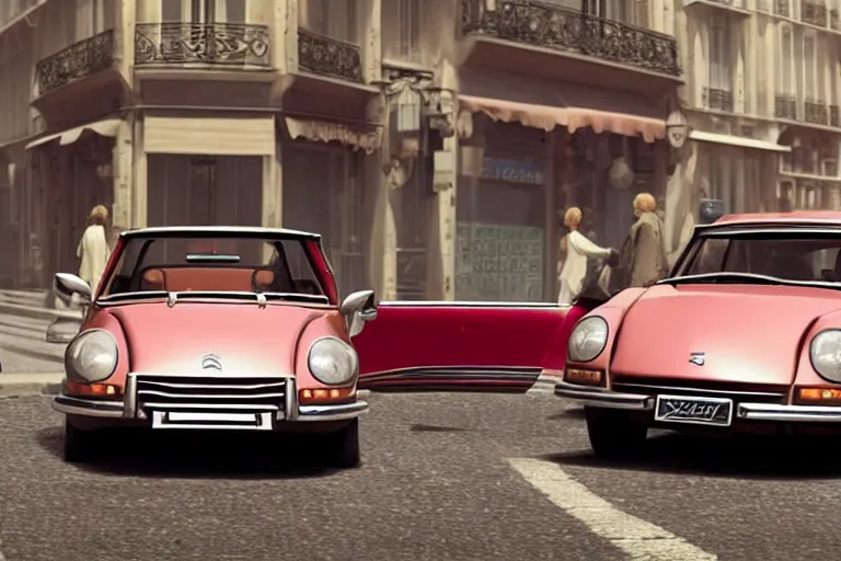 Image similar to a wholesome beautiful animation key shot of!! one!! focused!! 1 9 7 4 citroen ds!! in a paris street, medium wide shot, studio ghibli, ( pixar ) and disney animation, sharp, very detailed, high resolution, rendered in unreal engine 5, anime key art by greg rutkowski, bloom, dramatic lighting