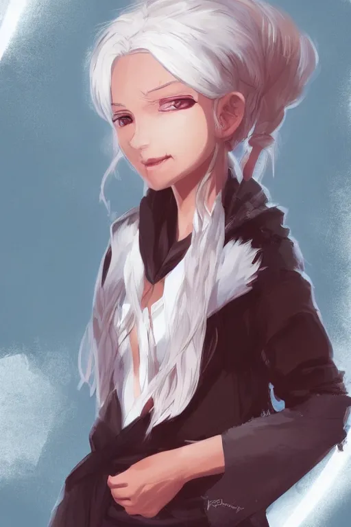 Image similar to portrait of a girl sorcerer with white hair in a messy white hairbun. She is wearing a short black tshirt, jeans pants, a red scarf. digital art, character design. in the style of wlop, rossdraws, artstation trending