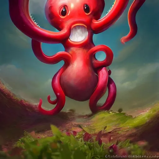 Image similar to a cute beautiful plant type pokemon with beautiful happy smile, red tentacles bursting out of his hair, full body portrait, highly detailed digital art, 3 d perspective, award - winning illustration, aesthetic, smooth, pokemon style, made by greg rutkowski, with an alien landscape in the background