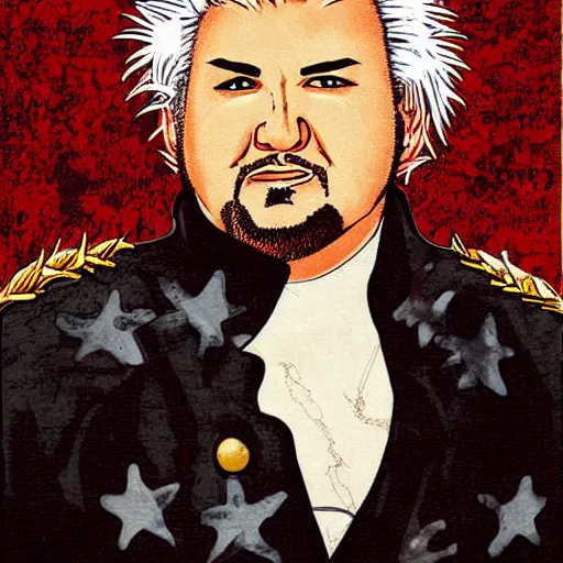 Prompt: guy fieri as a shipwreck survivor, revolutionary war color print