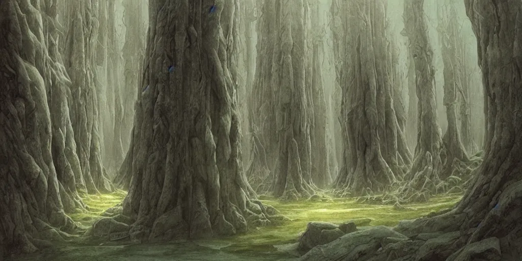 Image similar to artwork by john howe of a forest of abyss elders