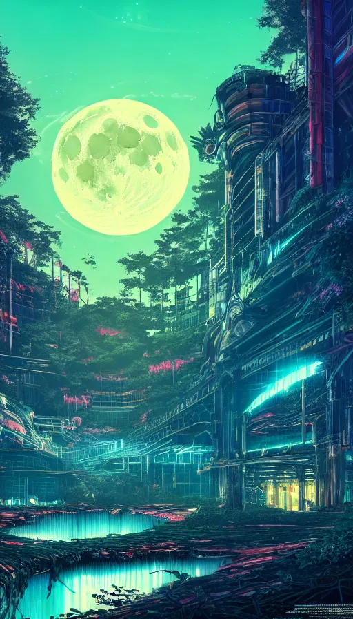 Image similar to reclaimed by nature by moon hoon, darkacademia atlantis cosmic san andreas at dawn neon signs tokyo synthwave universe, archdaily, wallpaper, highly detailed, trending on artstation.