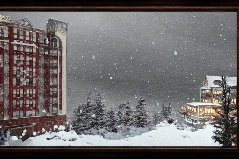 Prompt: The Shining Overlook Hotel, entrance, snow storm, scary, shattered windows, trending on artstation, realistic, cinematic composition, hyper realistic, highly detailed