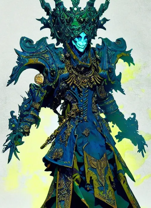 Prompt: an undead king in ornate rugged blue, green and yellow gown. in style of yoji shinkawa and hyung - tae kim, trending on artstation, dark fantasy, great composition, concept art, highly detailed, dynamic pose, vibrant colours.