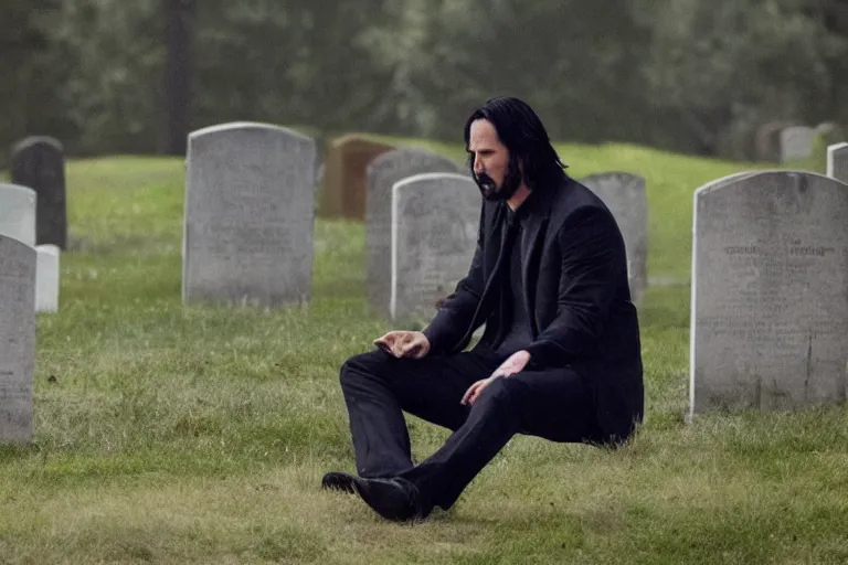 Image similar to film still of keanu reeves crying in a cemetery in a new sad movie keanu grieves