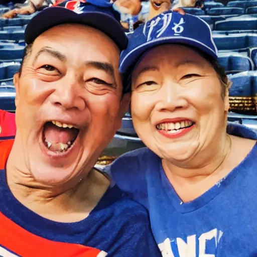 Image similar to a middle aged couple cheering on the Yokohama Baystars Japanese baseball team while drinking beer.