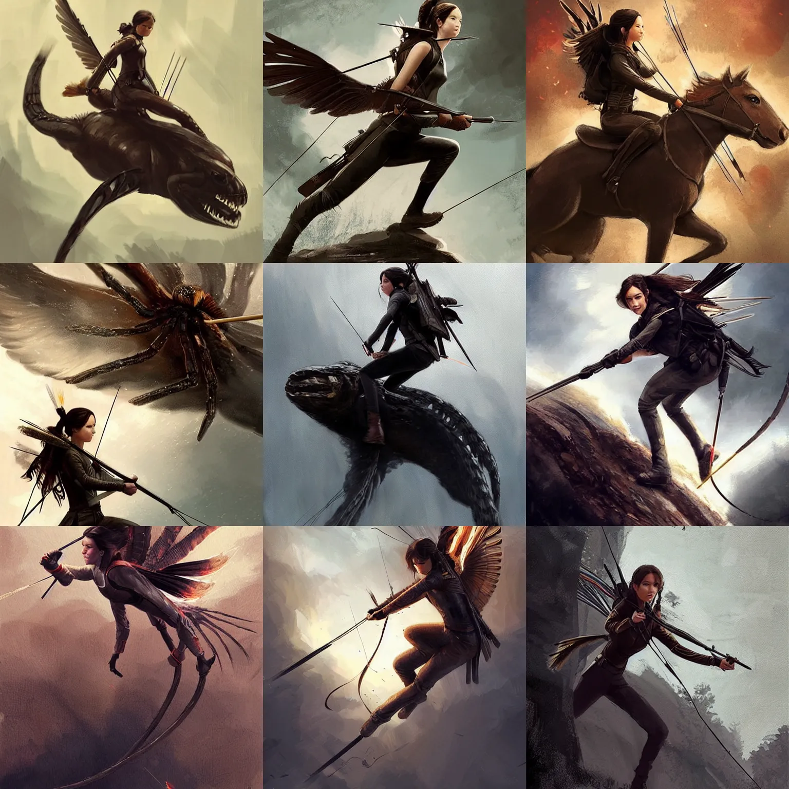 Prompt: katniss everdeen riding on the back of a giant spider, digital art by greg rutkowski