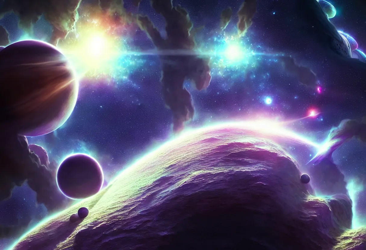 Image similar to beautiful render, planetary approach to exo planet with deep space nebula and galaxy and the horizon, asteroid belt around the planet, fantasy, intricate, elegant, highly detailed, digital painting, artstation, concept art, smooth, sharp focus, octane render, dramatic lighting, art by artgerm and greg rutkowski and alphonse mucha and wlop