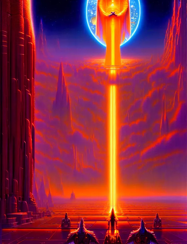 Prompt: beings of light technology, beautiful deity, futuristic, tim hildebrandt, bruce pennington, donato giancola, trending on artstation, cinematic composition, beautiful lighting, hyper detailed, 8 k, oil on canvas