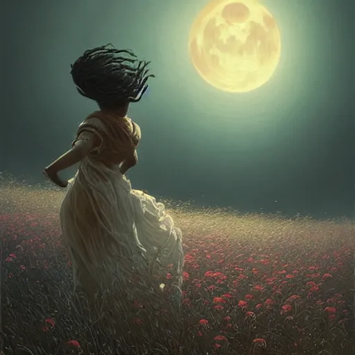 Prompt: a highly detailed portrait of a black woman chasing her dreams through a field of nightmares, a hyperrealistic high renaissance painting by gustave dore, unreal engine, dark fantasy art by greg rutkowski, loish, rhads, ferdinand knab, makoto shinkai and lois van baarle, ilya kuvshinov, radiant lighting, moon light.