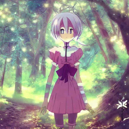 Image similar to an anime mahou shoujo lost in the woods cinematic anime film , exquisite line art, Depth of field, high fidelity, smooth rendering, 4k, hd, Professional anime artist