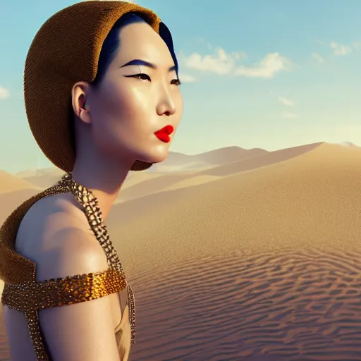 Image similar to innovative avant-garde art, deco fashion, asian women, highly detailed, photorealistic portrait, serene desert setting, golden hour, crisp quality and light reflections, unreal engine 5 quality render