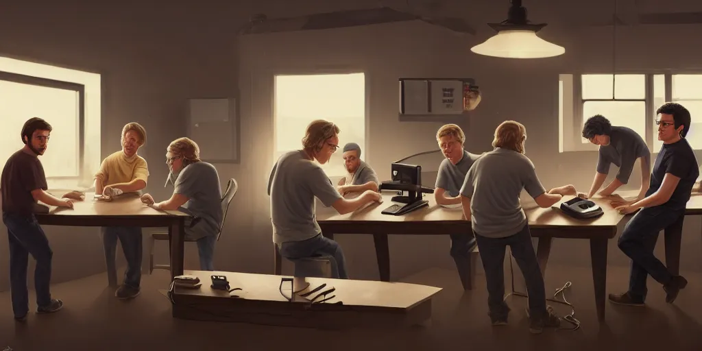 Prompt: four men building computers, young rick morris, young james spader with blond hair, young tim robbins with a bushy brown beard, pete buttigieg, and bill freeland, far future, highly detailed, trending on artstation, intricate, cinematic composition, by rutkowski