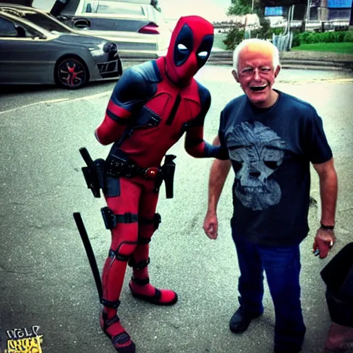 Prompt: deadpool hanging out with berniesanders