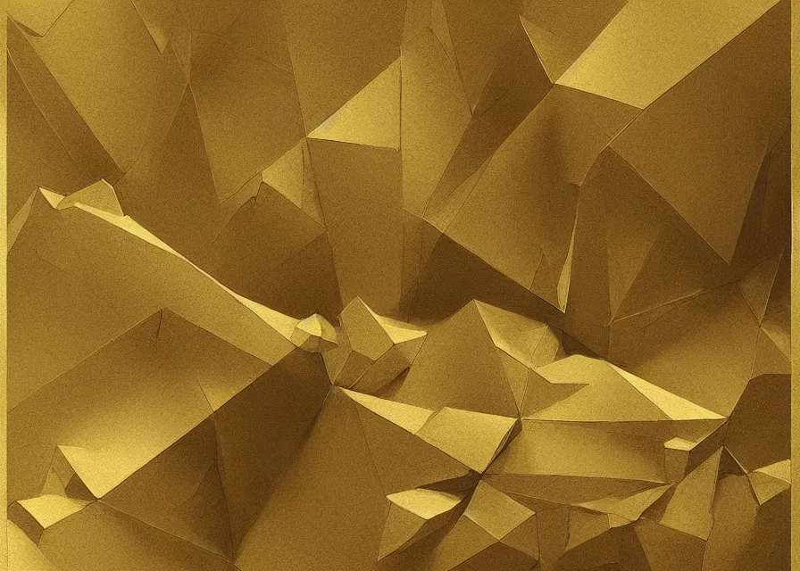 Prompt: a geometric drawing of paper and gold painted by greg rutkowski and albert bierstadt