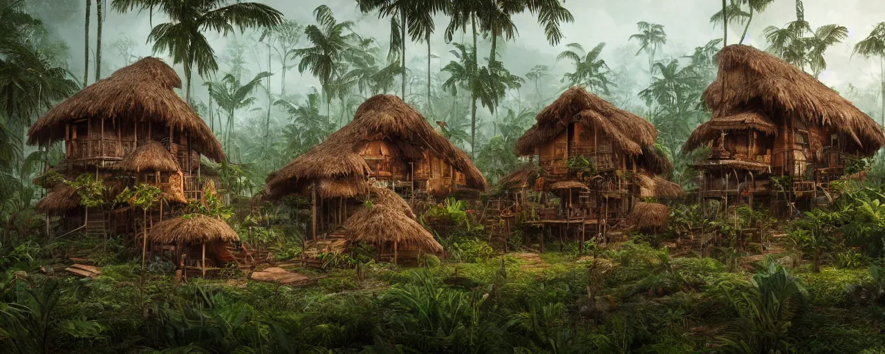 Image similar to an intricate concept art of a tribal houses in the middle of the amazon rainforest, artstation, sci - fi, hyper realistic, concept art, art by dylan cole, cinematic lighting, octane render