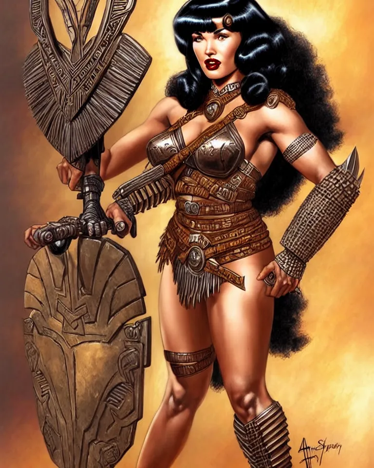 Image similar to a young bettie page as an amazon warrior, tall and beautiful with brown skin and long hair, dressed in hellenistic body armor, intricate, elegant, highly detailed, smooth, sharp focus, detailed face, complete head, one body, art by ardian syaf