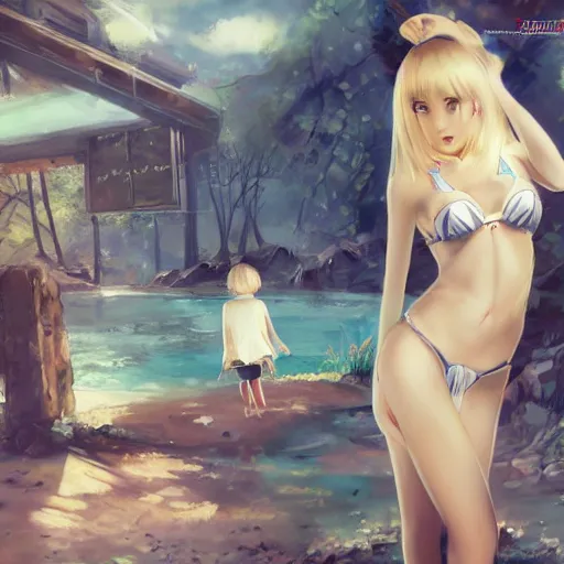 Image similar to tiny father a tall daughter picture : a very beautiful young blond anime girl, sky blue eyes, bikini, white miniskirt, highly detailed, cinematic wallpaper by stanley artgerm lau
