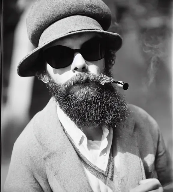 Prompt: a vintage photo medium shot of a man with a bushy beard smoking a cigarette wearing a grey hat and sunglasses.