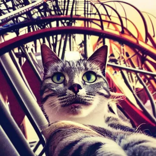 Image similar to selfie of a cat riding a roller - coaster