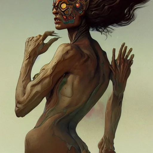 Image similar to portrait of native weird distorted body Skinwalker, highly detailed, digital painting, artstation, concept art, smooth, sharp focus, illustration, art by artgerm and greg rutkowski and alphonse mucha