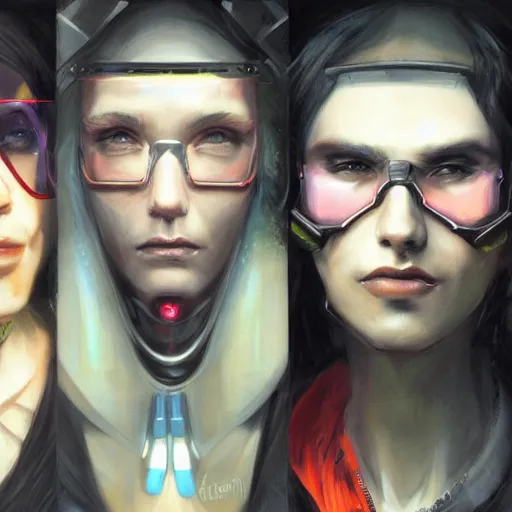 Image similar to frontal portrait of a cyberpunk gang, by gerald brom and kim kyoung hwan