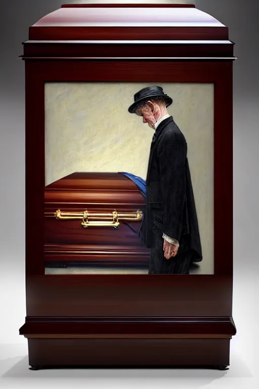 Prompt: a sad man mourning over a casket by sydney prior hall and alfred stevens and sherree valentine daines and norman rockwell, mahogany casket, grey cloth, highly detailed, deep shadows, accurate face, hyperrealism