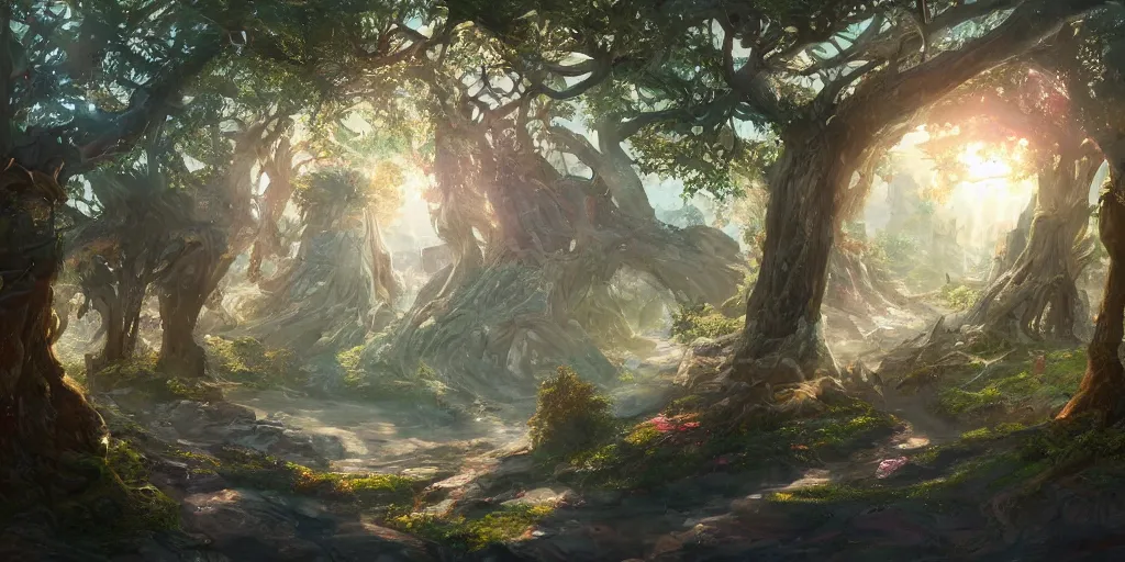 Prompt: a fantasy city nestled within the boughs of yggdrasil, illustration, bright sunlight, sun glints, sunrays, digital art, hyperrealistic, oil painting, fantasy, 8 k, trending on artstation, detailed