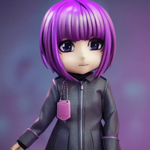 Prompt: portrait of a anime and chibi very cute doll with purple jacket design by antonio mello, nendoroid, kawaii, cyberpunk fashion, character modeling, toy design, substance 3 d painter, vray, soft vinyl, trending in artstation