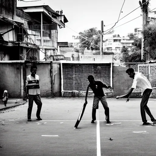 Image similar to four guys playing a game of cricket, on an indian street, award winning image, national geographic, dslr 3 0 mm image, black and white, wow, gorgeous