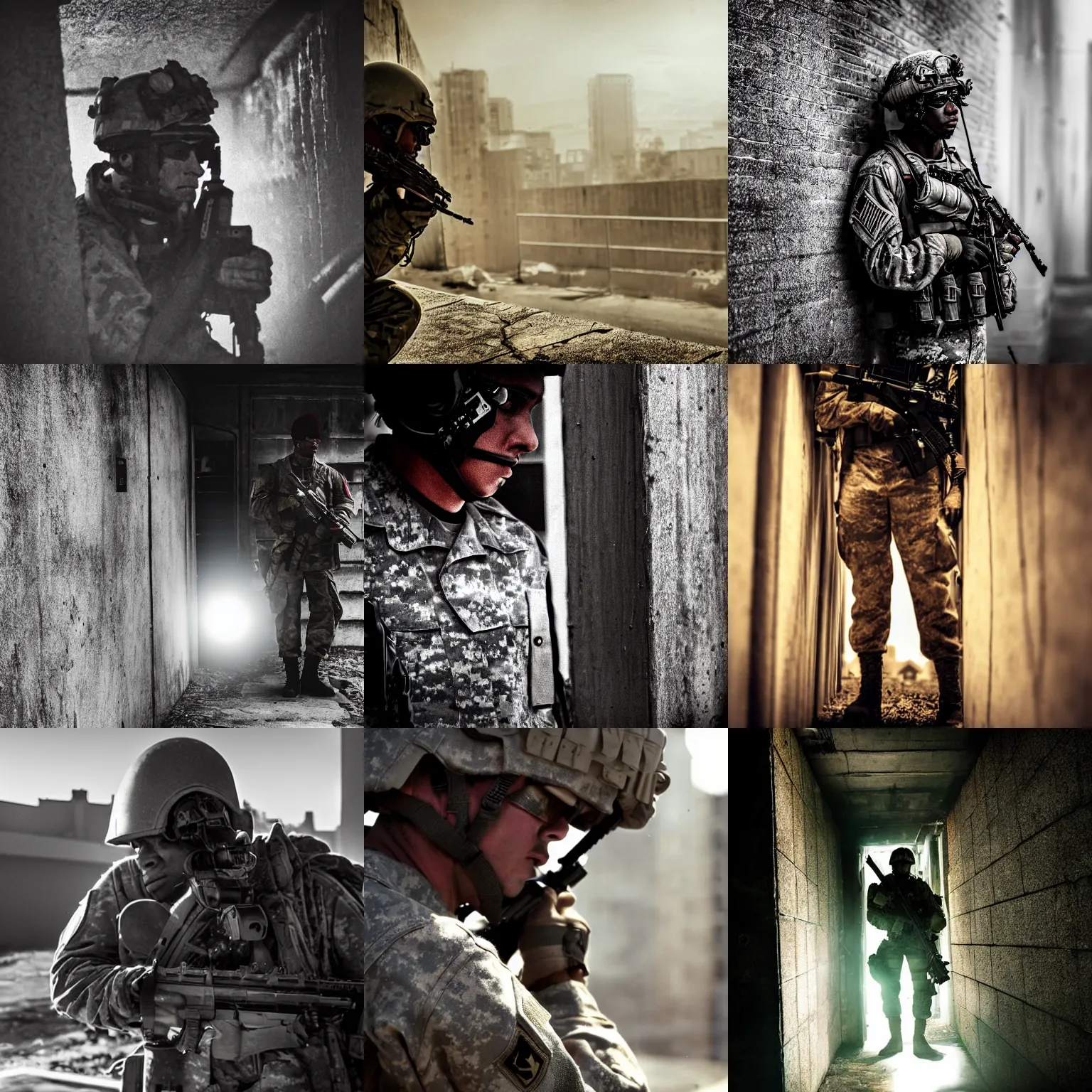 Prompt: an close-up American soldier taking cover behind a city wall from [alien invaders], cinematic lighting, photography, intense, gritty, harsh shadows