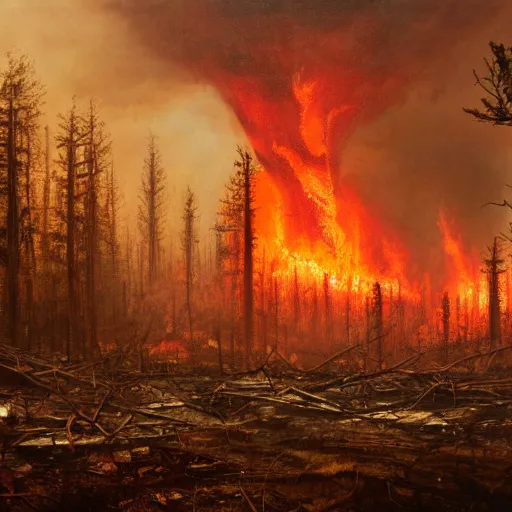 Prompt: a destroyed forest in a extreme fallout, with radioactive rain and flames everywhere by greg rutkowski, 4 k, realistic oil painting