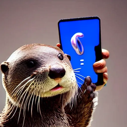 Image similar to an anthropomorphic otter using an android phone at home
