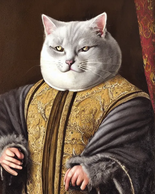 Prompt: fat gray cat with yellow eyes dressed like henry viii, tudor period menswear, hans holbein the younger, greg rutkowski, royal portrait, painting