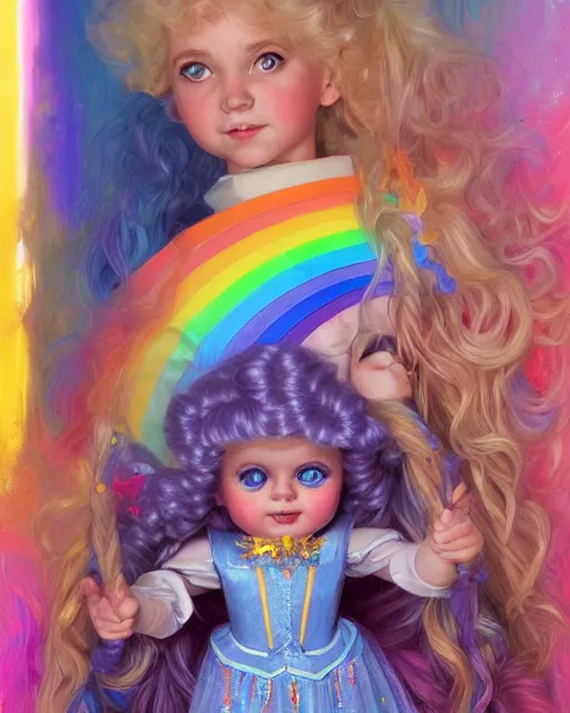 Image similar to 1 9 8 0 s doll rainbow brite portrait | highly detailed | very intricate | symmetrical | whimsical and magical | soft cinematic lighting | award - winning | closeup portrait | painted by donato giancola and mandy jurgens and charlie bowater | pastel color palette | featured on artstation