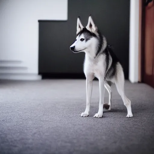 Image similar to 4 k photograph of an incredibly skinny husky dog, skeletal, indoors