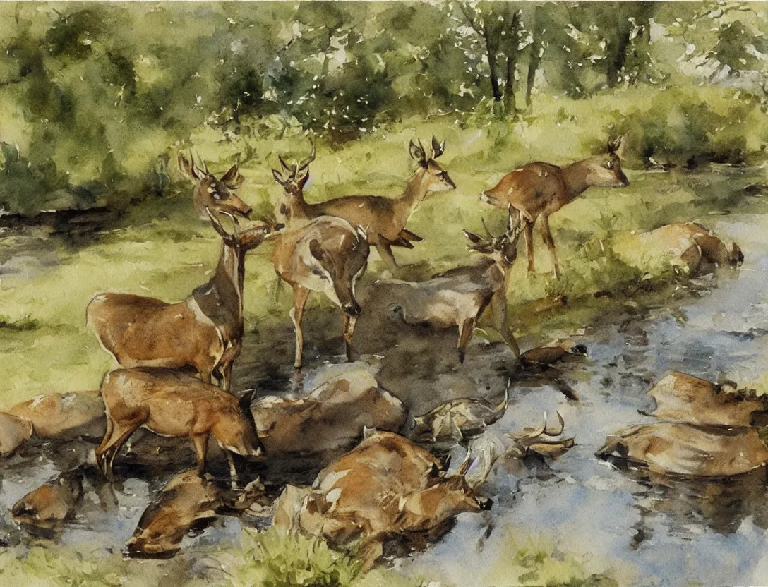 Image similar to watercolor sketch by anders zorn, deer drinking water by pond, nature art mockup