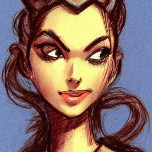 Image similar to milt kahl sketch of victoria justice with done up hair, tendrils and ponytail as princess padme from star wars episode 3