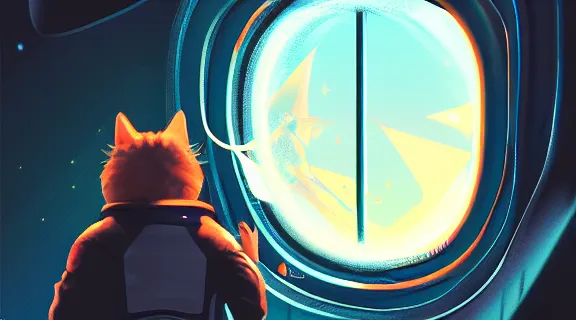 Image similar to cat seen from behind wearing a spacesuit in a space station watching the stars trough a large window, digital painting, dramatic lighting, highly detailed, artstation, concept art