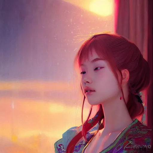 Image similar to beautiful young girl in intricate clothing by ross tran, sleeping in a messy bedroom at sunset, painted by sana takeda, reflections, very high intricate details, painting by liu xiaodong, digital anime art, medium shot, mid - shot, composition by ilya kuvshinov, lighting by greg rutkowski
