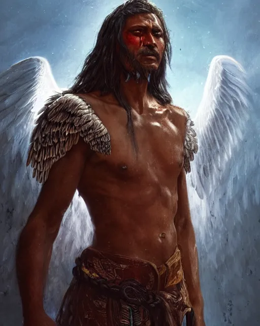 Prompt: a south american indigenous warrior with angelic wings, by tsuyoshi nagano, by greg rutkowski, dramatic lighting, blood, god rays, angelical, symmetrical, intricate, detailed, cinematic, masterpiece, extreme details, ray tracing