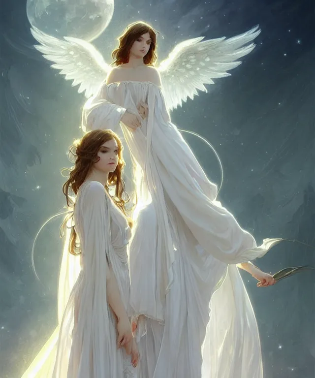 Image similar to Angels in white gauze dresses, the glow of the moonlight, fantasy, intricate, elegant, highly detailed, digital painting, artstation, concept art, matte, sharp focus, illustration, art by Artgerm and Greg Rutkowski and Alphonse Mucha, trending on deviantart, trending on artstation