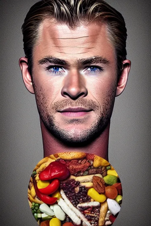 Image similar to 📷 chris hemsworth, chris hams worth, made of food, head portrait, dynamic lighting, 4 k