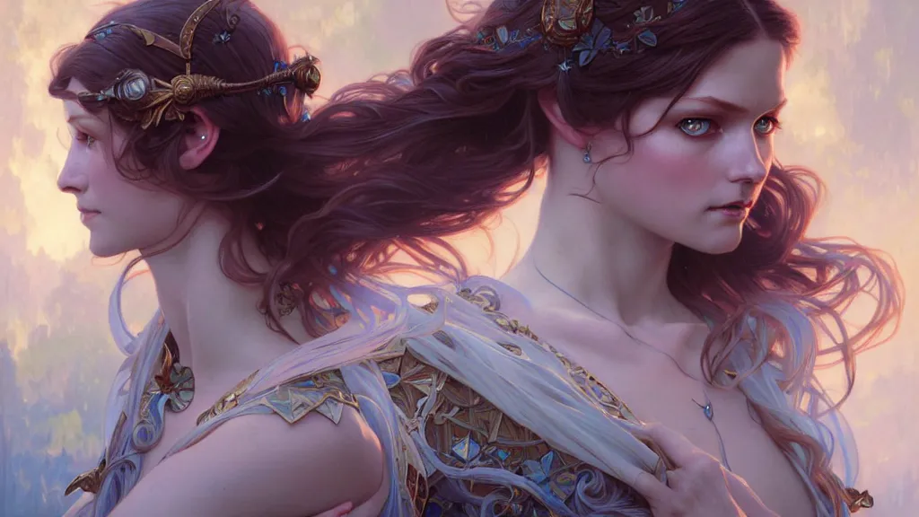 Image similar to Portrait of fairy woman, D&D, blue eyes, face, fantasy, intricate, elegant, highly detailed, digital painting, artstation, concept art, smooth, sharp focus, illustration, art by artgerm and greg rutkowski and alphonse mucha