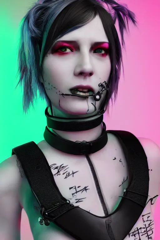 Image similar to detailed realistic female rock star cyberpunk wearing thick technological collar around neck, realistic, art, beautiful, 4K, collar, choker, collar around neck, punk, artstation, detailed, female, woman, choker, cyberpunk, neon, punk, collar, choker, collar around neck, thick collar, tight around neck, punk,