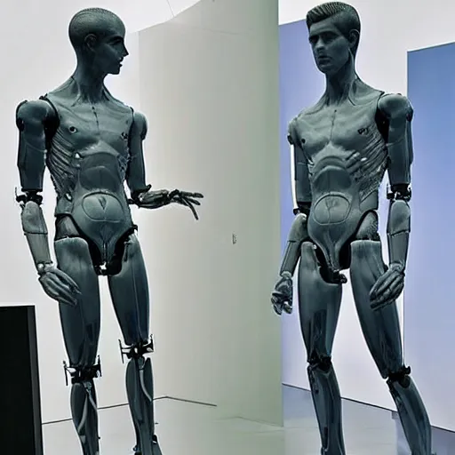 Image similar to “a realistic detailed photo of a guy who is an attractive humanoid who is half robot and half humanoid, who is a male android, actor Liam Hemsworth, shiny skin, posing like a statue, blank stare, at the museum, on display”