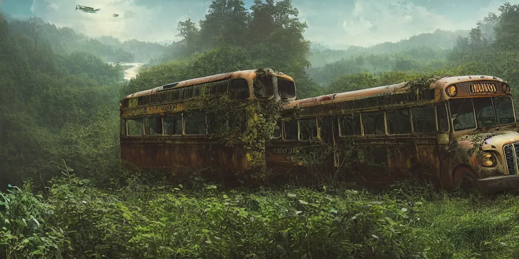 Prompt: a crashed, abandoned school bus overgrown with vines hanging partially over a cliff. Beneath the cliff is an alien lake. In the sky are two suns. Detailed digital matte painting in the style of simon stalenhag