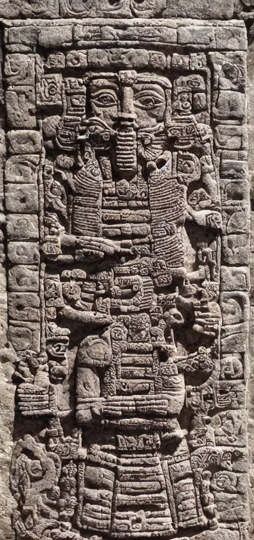 Image similar to a nicely lit high definition digital 8 0 mm photo of ancient mayan wall sculpture engraving about aliens and marijuana