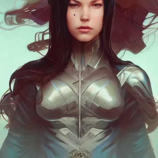 Image similar to character concept, portrait, symmetrical head - on centralized, young women with dark ninja clothes. detailed, high quality, dynamic lightning, fantasy, scenematic. artwork by artgerm, wlop, alex ross, greg rutknowski, alphonse mucha